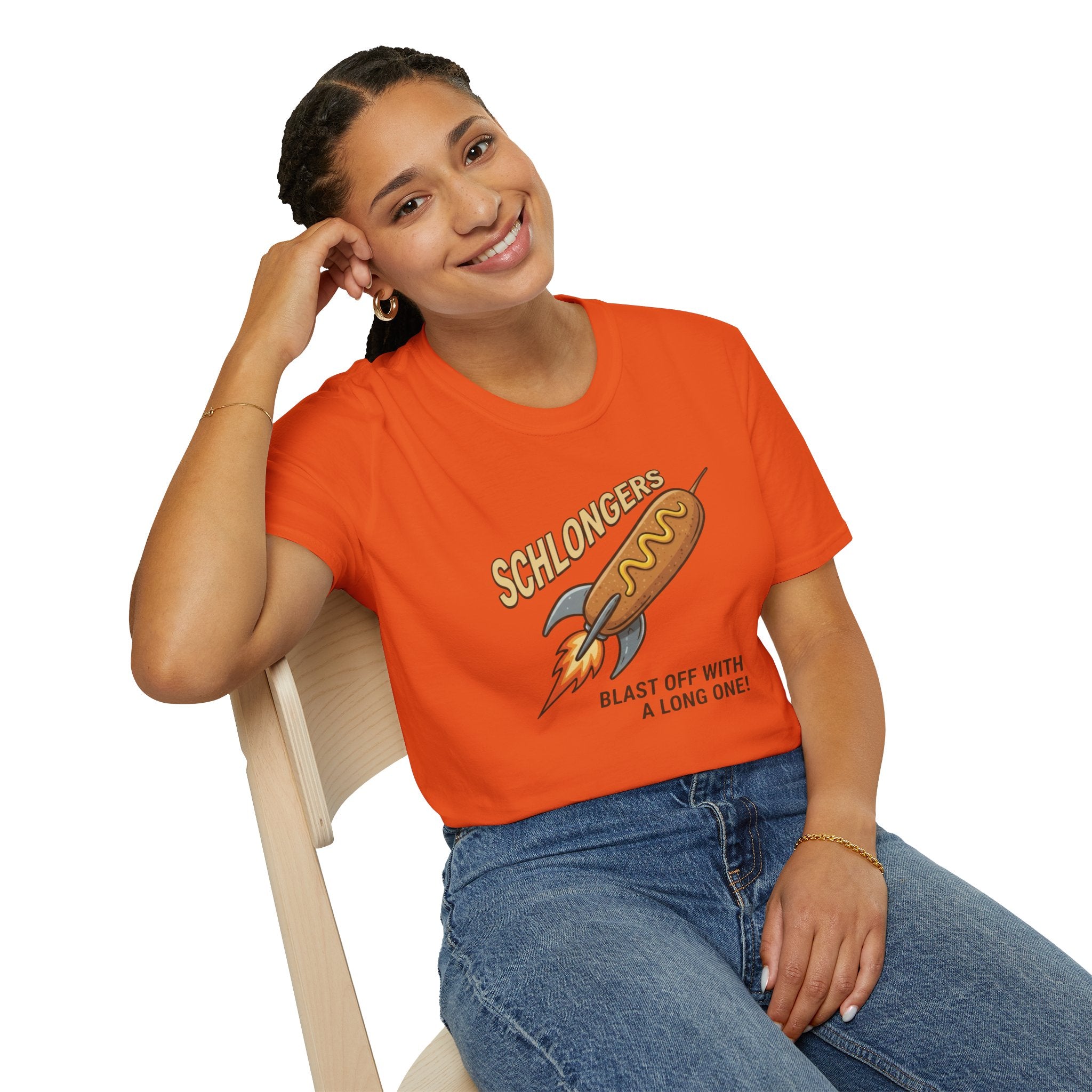 Schlongers Throwback Unisex Softstyle T-Shirt in Orange or White